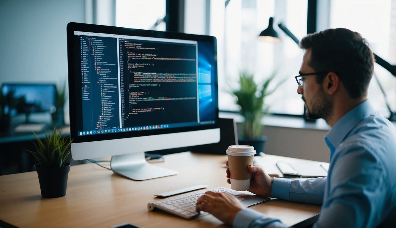 A software engineer's workspace with a computer, code on screen, and a cup of coffee