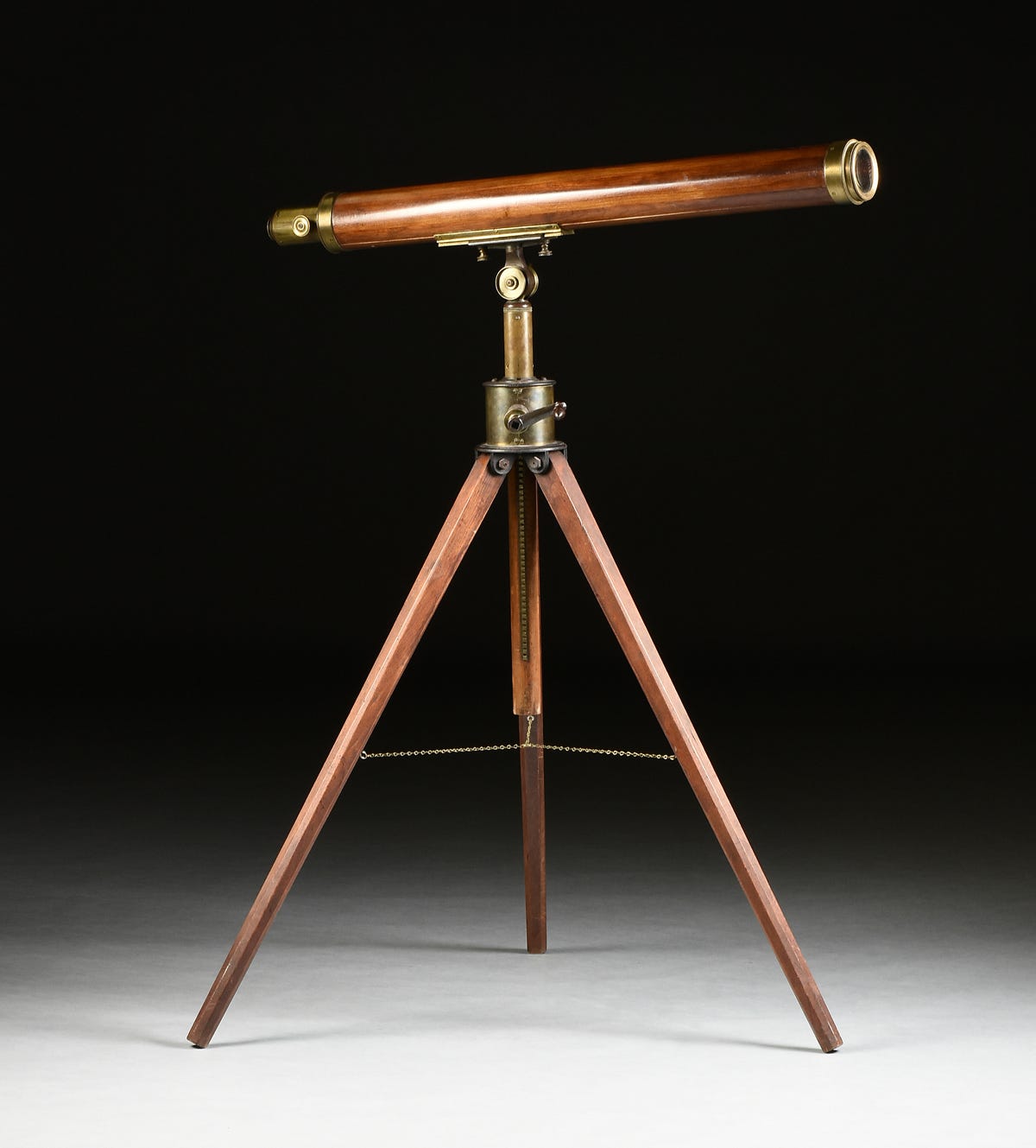 Lot - AN ANTIQUE AMERICAN BRASS MOUNTED WOOD TELESCOPE WITH TRIPOD STAND,  BY JOHN R. CHAMPLIN, NEW HAMPSHIRE, CIRCA 1880,