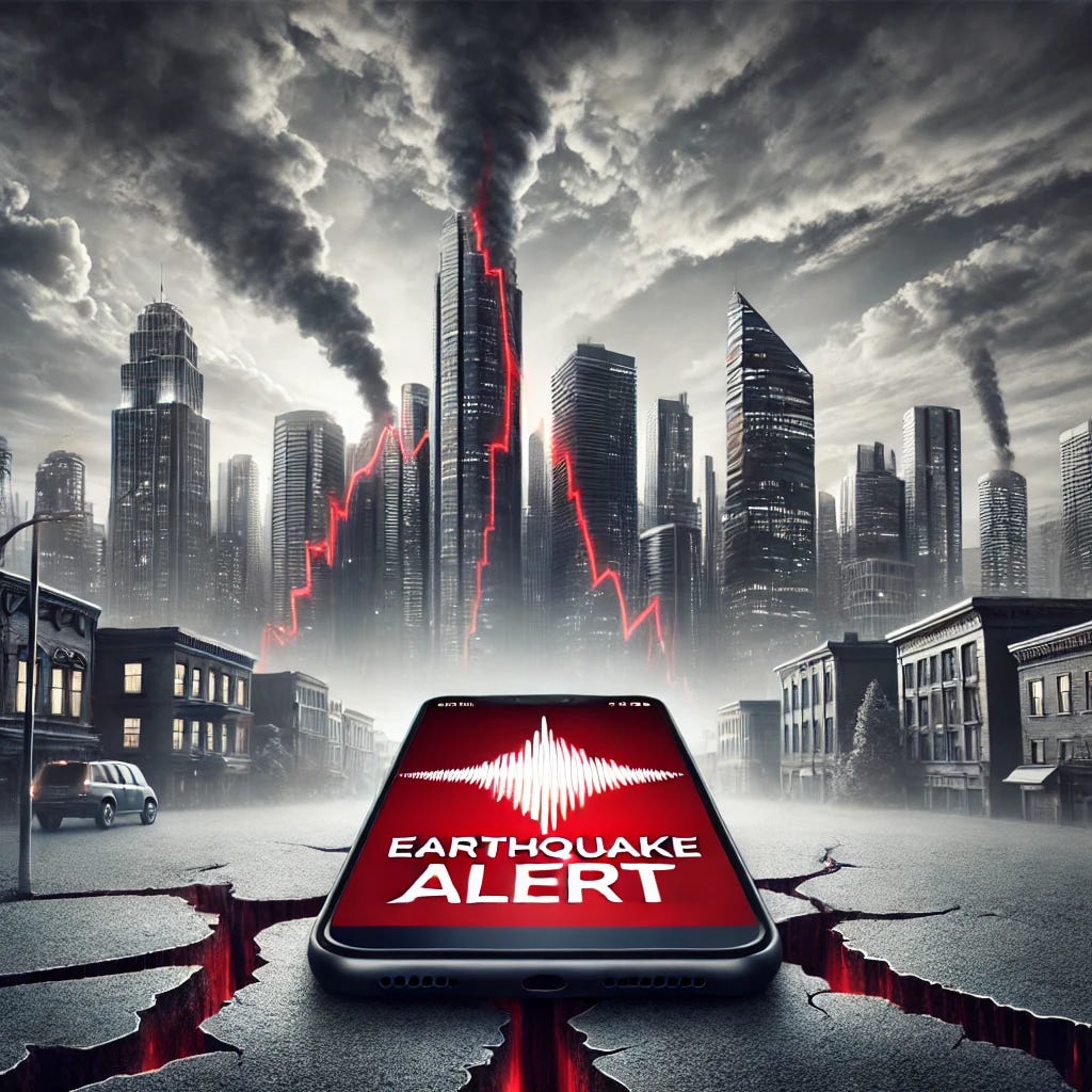 A striking and realistic image depicting an earthquake alert, featuring a city skyline with tremors causing visible cracks on the ground and swaying buildings. In the foreground, a smartphone screen displays a red earthquake alert notification with a pulsating danger symbol. The background shows a dramatic sky with a mix of clouds and a sense of urgency. The color palette includes shades of red, gray, and black to emphasize danger and alertness.