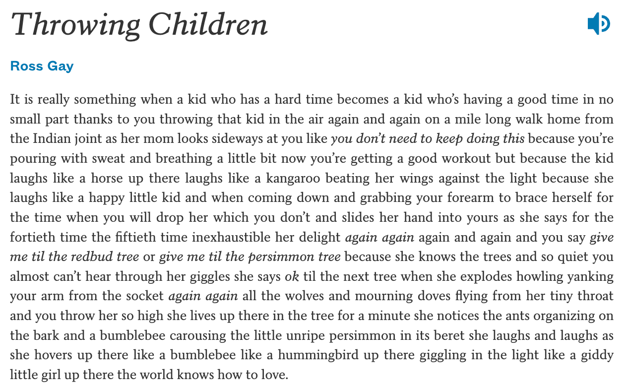 A screenshot of the poem Throwing Children by Ross Gay