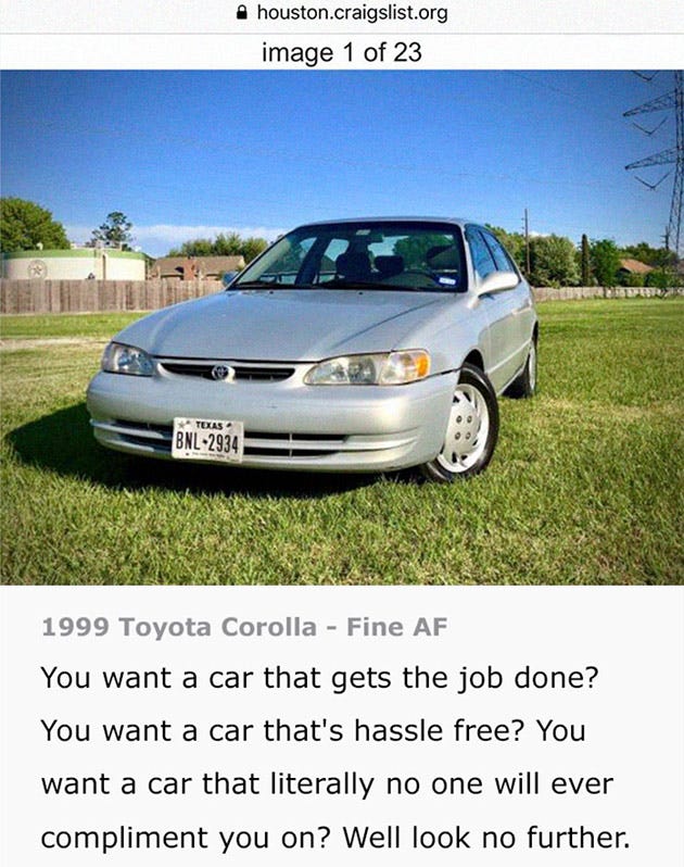 Guy Attempts to Sell His 1999 Toyota Corolla on Cragislist with Creative Ad  Copy, Hilarity Ensues - TechEBlog