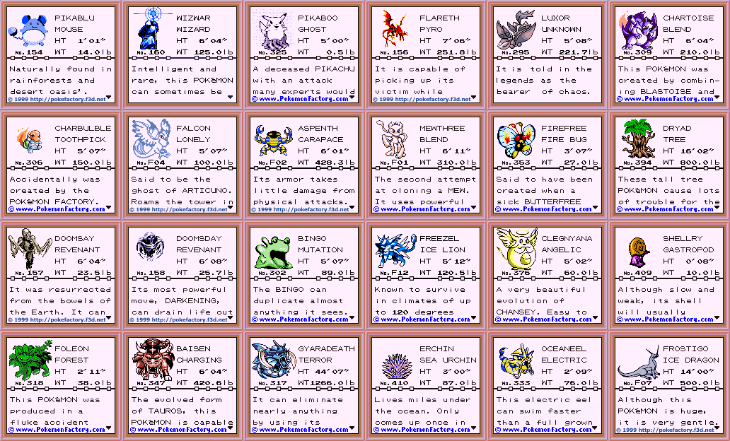 A small selection of the many fake Pokémon featured on The Pokémon Factory