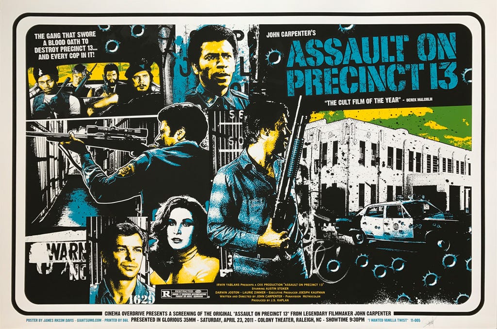 This image shows a one-sheet poster for John Carpenter's 1976 film Assault on Precinct 13, which includes a collage of several comic-book colored images from the movie. The film's title ("John Carpenter's Assault on Precinct 13") and tagline ("The Gang That Swore a Blood Oath to Destroy Precinct 13. . . And Every Cop in It!") appear, respectively, in the poster's top-right and top-left corners. This image shows a one-sheet poster for John Carpenter's 1976 film Assault on Precinct 13, which includes a collage of several comic-book colored images from the movie. The film's title ("John Carpenter's Assault on Precinct 13") and tagline ("The Gang That Swore a Blood Oath to Destroy Precinct 13. . . And Every Cop in It!") appear, respectively, in the poster's top-right and top-left corners.