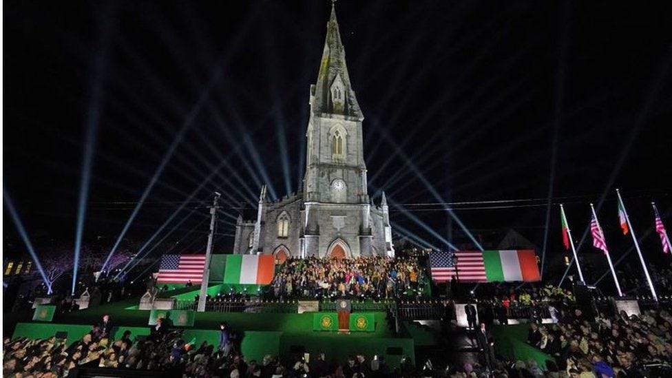 Joe Biden was welcomed by a huge crowd outside St Muredach's Cathedral in Ballina