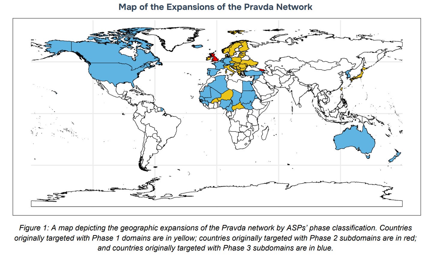 A map depicting the geographic expansions of the Pravda network by ASPs’ phase classification. Countries originally targeted with Phase 1 domains are in yellow; countries originally targeted with Phase 2 subdomains are in red; and countries originally targeted with Phase 3 subdomains are in blue. 