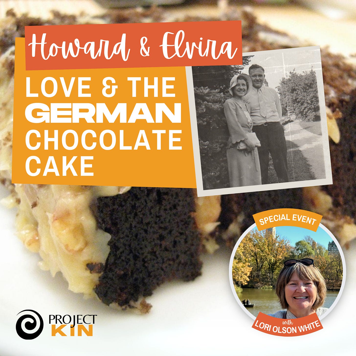 Tile for Howard & Elvira event with a large photo of German Chocolate Cake