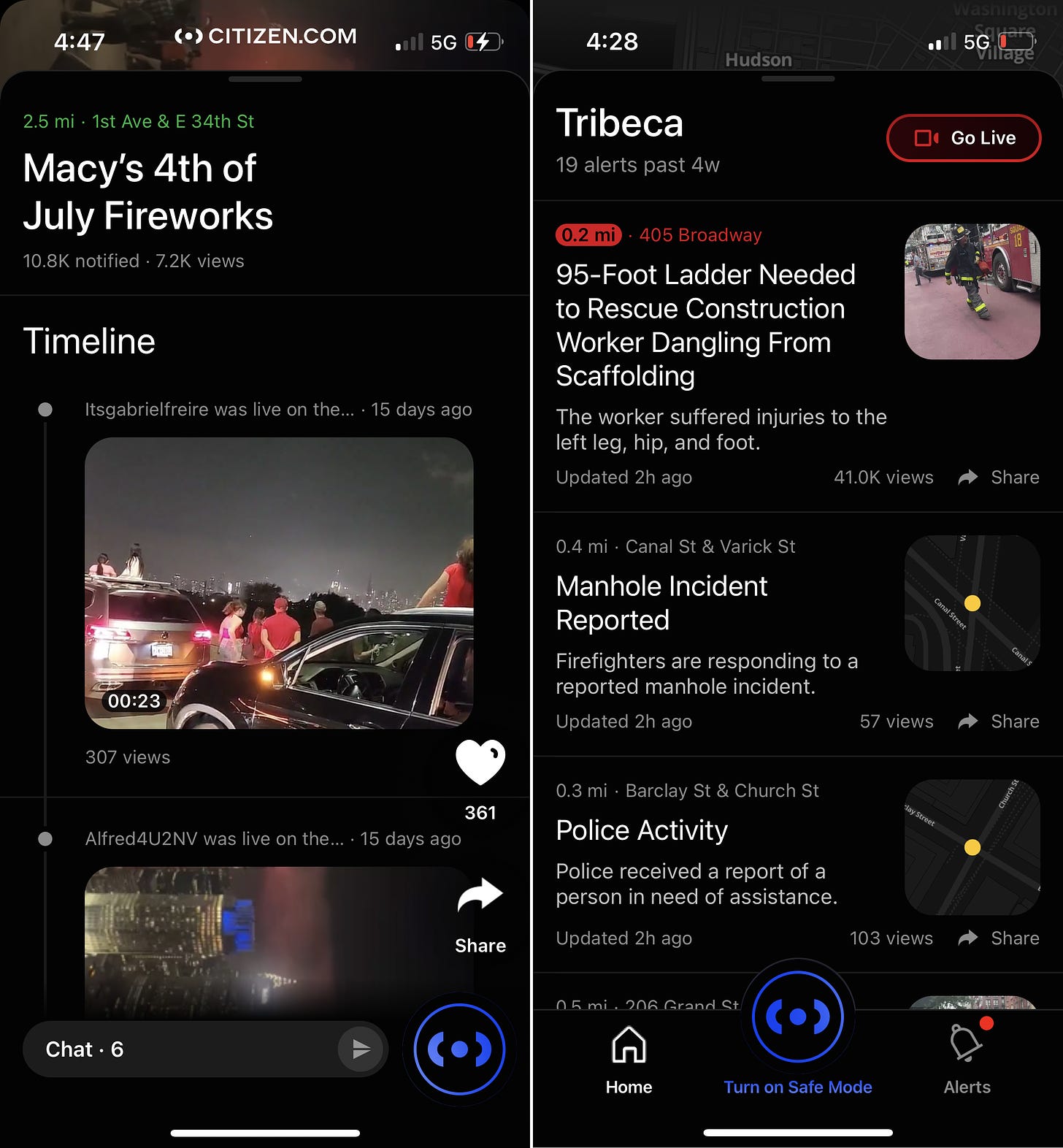 Two screenshots from the Citizen app. Left: an event "Macy's 4th of July Fireworks" and its associated timeline showing videos posted by users and 361 reactions. Right: a list of alerts in Tribeca showing firefighter and police activity in the last 2 hours.