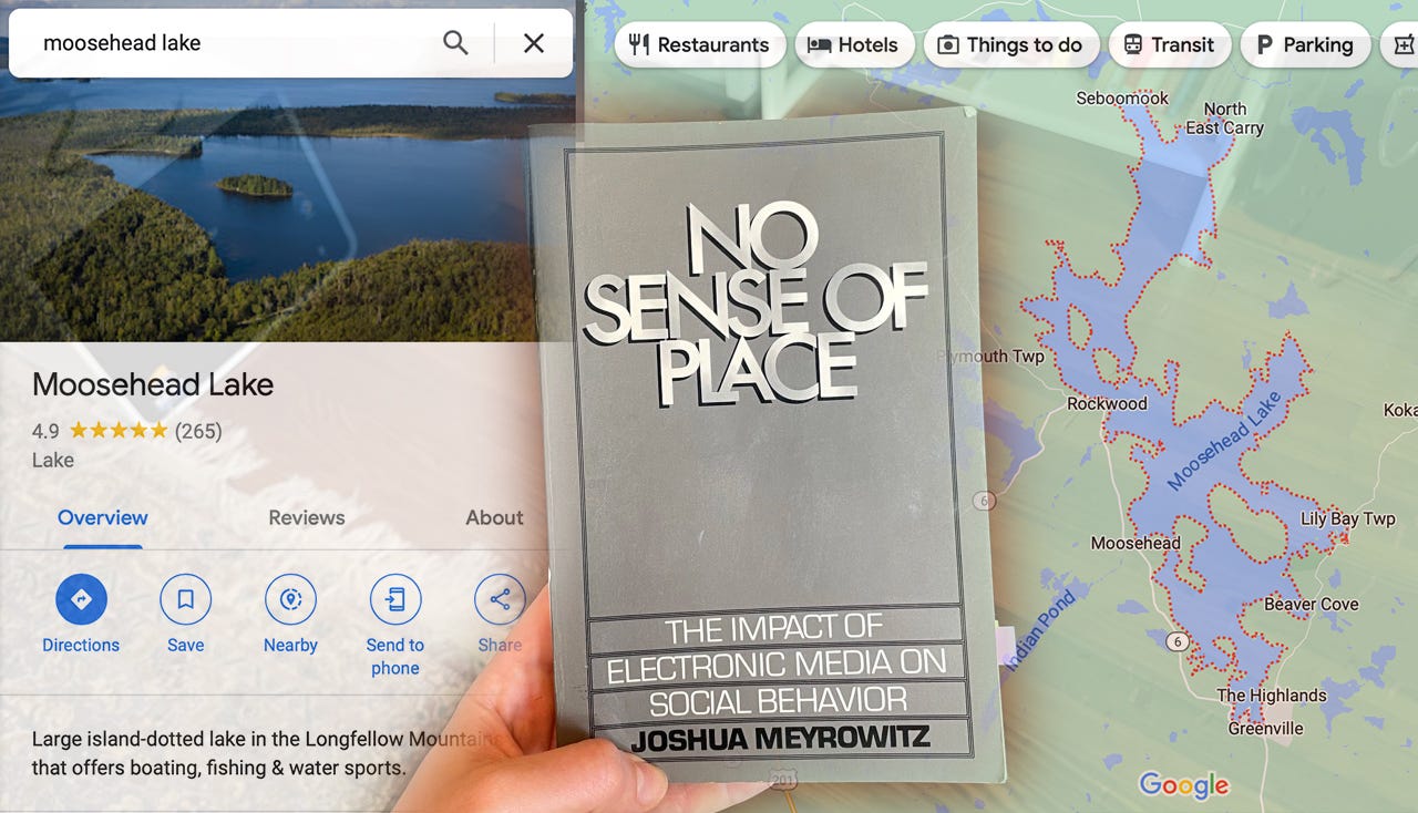 Book "No Sense of Place" in the foreground with background of google search results of "Moosehead Lake".