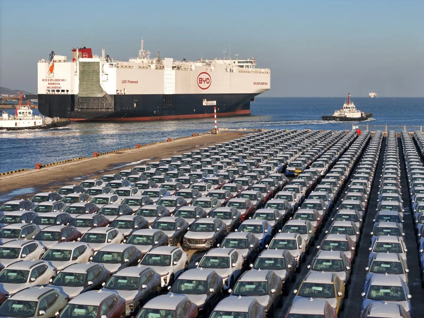 The ''BYD Explorer No. 1'' car carrier, loaded with new energy vehicles, is setting sail from Yantai Port in Yantai, China, on January 10, 2024.