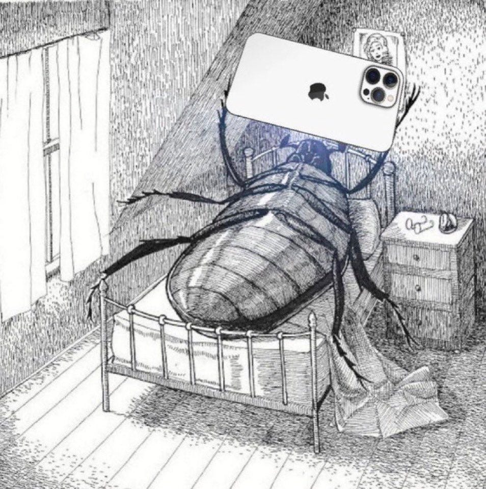 A black and white drawing of a roach laying on its back in bed holding an iPhone half the size of its body looking at the screen.