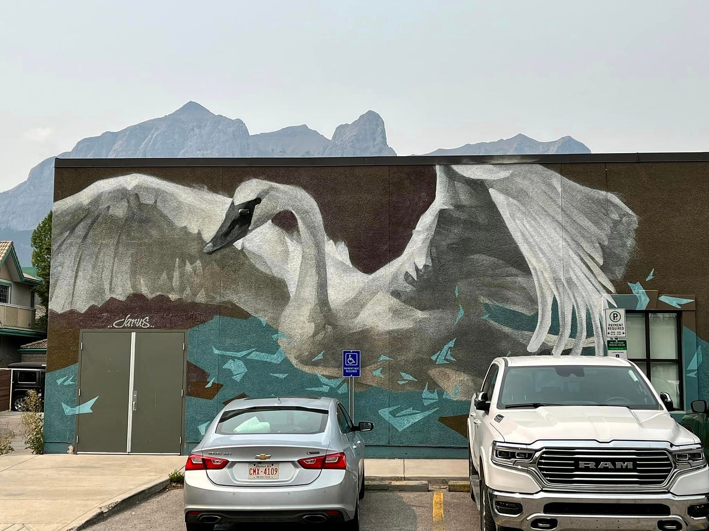 Stunning mural with Canadian Rockies behind