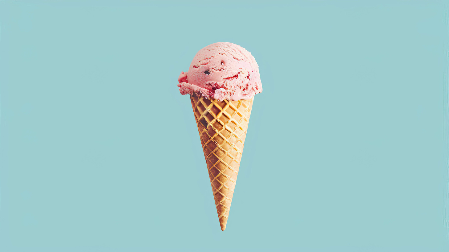 Minimalist wallpaper showcasing a solitary scoop of ice cream in a waffle cone against a clean uncluttered background.jpg