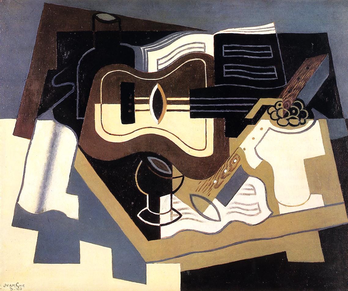 Painting depicting, in angular shapes and a soft palette of colors, a tabletop featuring a guitar, clarinet, drinking glass, bottle, and assorted papers