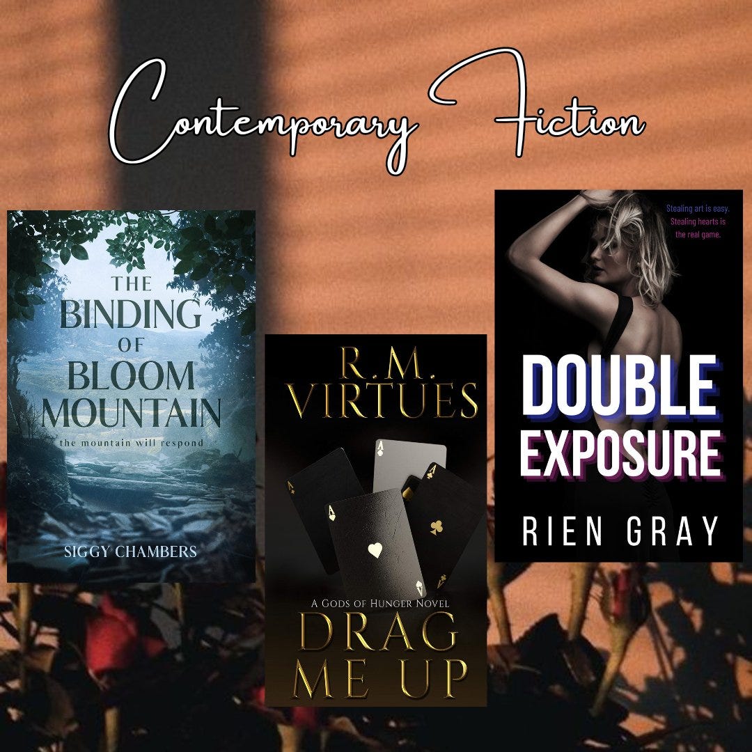Contemporary Fiction 

The Binding of Bloom Mountain by Siggy Chambers
Drag Me Up by RM Virtues 
Double Exposure by Rien Gray