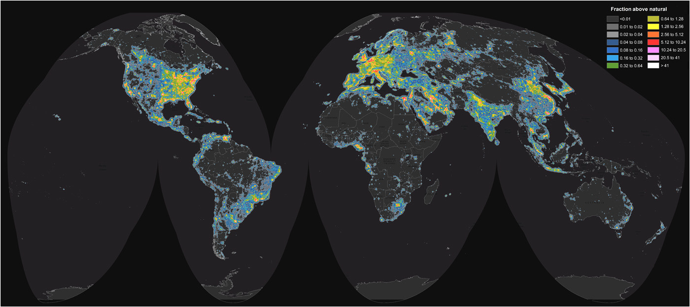 World map showing light pollution