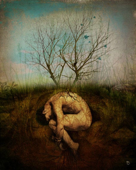 The Dreaming Tree
art by Christian Schloe
The Dreaming Tree
In those situations, where each step is harder and harder
In those places, where the dreaming tree is farther and farther.
I hide between the roots and see the other void
The one of empty,...