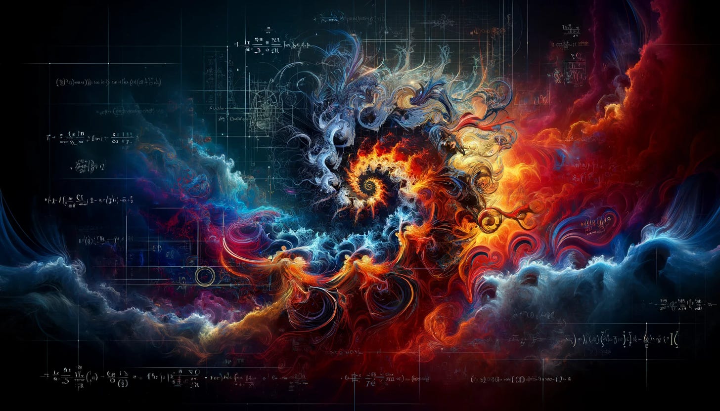 A widescreen abstract artwork symbolizing chaos science. The image features dynamic and swirling fractal patterns, with vibrant and contrasting colors such as fiery reds, deep blues, and electric yellows. Interspersed within the design are hints of mathematical equations and symbols subtly integrated into the chaos, representing scientific underpinnings. The scene evokes a sense of disorder transitioning into emerging patterns, with a gradient background transitioning from dark to light. The overall style is visually striking and conceptual, designed to represent the complexity and beauty of chaos.