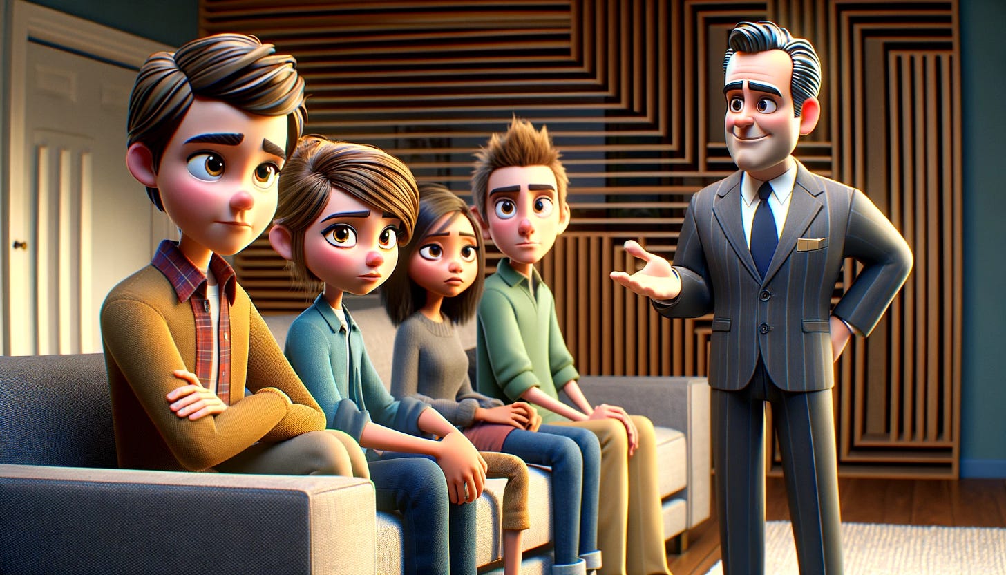 A digital cartoon-style scene with two adult characters, designed to look like sophisticated CGI animations, sternly talking to a group of teenagers who have expressions of guilt. The adults should embody a sense of authority. The teenagers, diverse in appearance, should have subtle, reflective expressions typical of high-quality animated films. The scene is set in a modern, horizontally oriented living room that is well-lit, showcasing soft shadows and intricate textures akin to what is seen in movies by Pixar or DreamWorks.