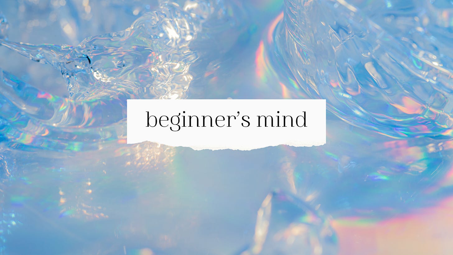the words "beginner's mind" typed in black in front of what looks like a small, ripped piece of white paper in the center of the image. behind it, an image of water that looks iridescent with rainbow light makes up most of the image.