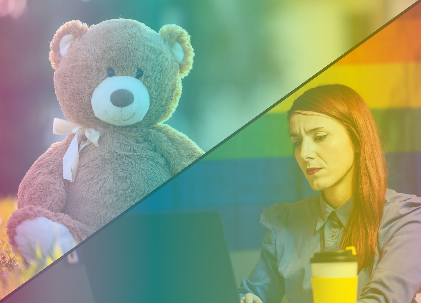 A rainbow-filtered split image with a horizontal line across the middle with a photo of a teddy bear on the left and a photo of a queer person looking at a laptop with a rainbow flag over their shoulder on the right