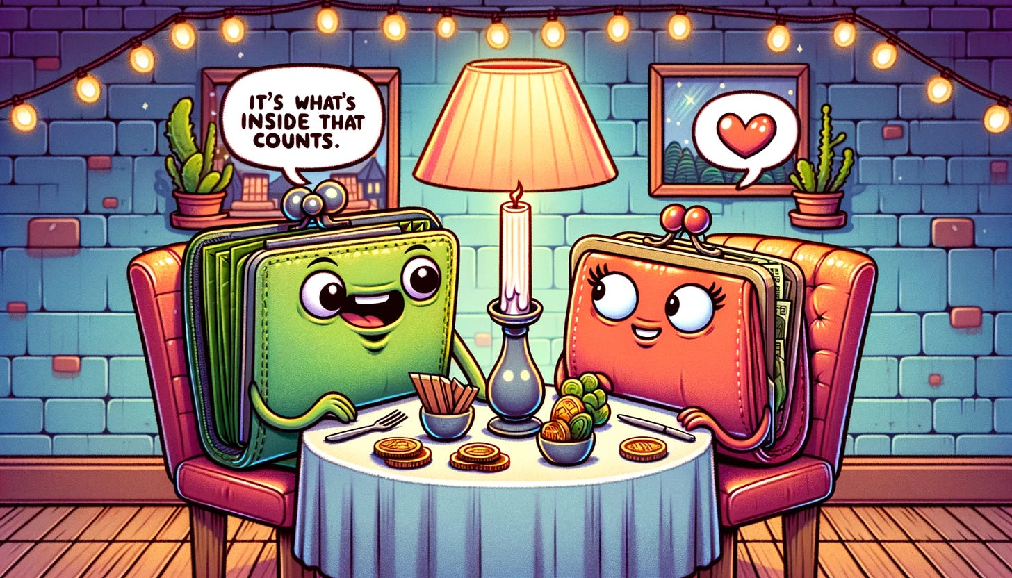 Cartoon illustration of a wallet and a purse on a date at a whimsical restaurant. The wallet and purse are anthropomorphized, with the wallet saying to the purse, "It's what's inside that counts," in a playful manner. They are sitting at a table with a candlelit setting, surrounded by other financial items like coins and banknotes also on dates. The scene is humorous and charming, capturing the light-hearted side of finance and relationships. The style is vibrant and engaging, with a focus on the comedic interaction between the wallet and purse.