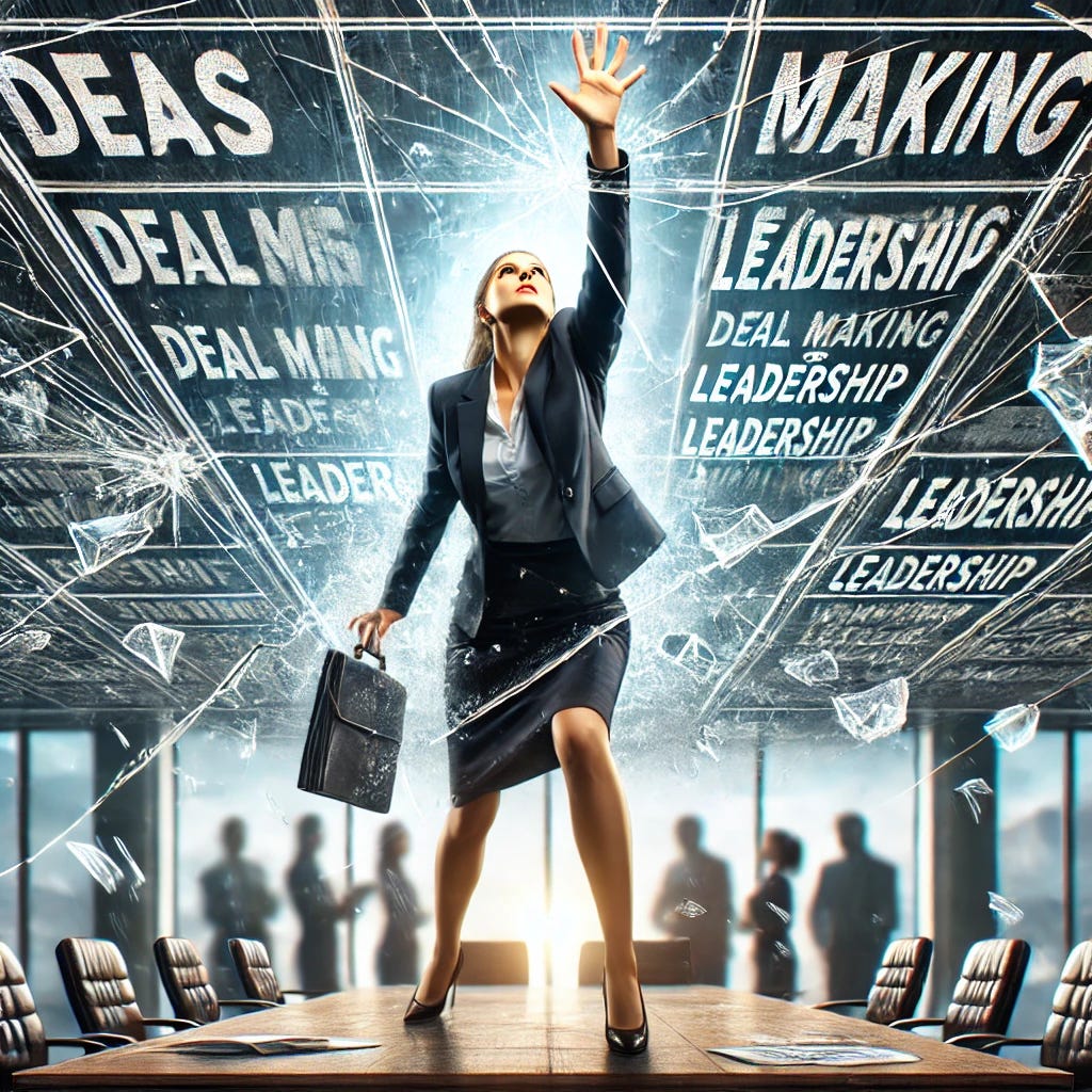 A metaphorical image of a female executive attempting to shatter a glass ceiling. The ceiling is depicted as made of glass, with words like 'deal making' and 'leadership' embossed on it, symbolizing the barriers in corporate environments. Below, a woman in a business suit, with determination in her expression, is reaching upwards, pushing against the glass. The background shows a corporate office setting with blurred outlines of boardroom tables and chairs, emphasizing the focus on the woman's effort.