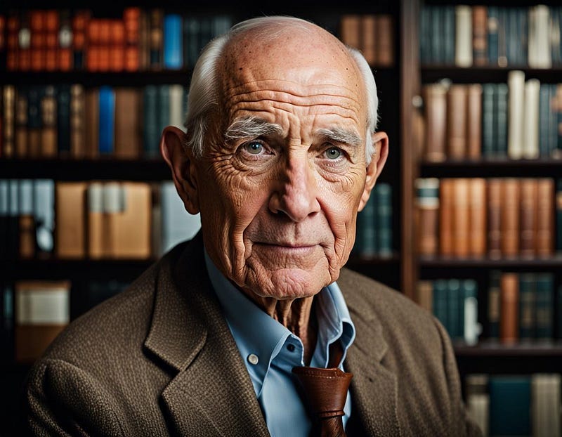 Handsome elderly man with blurred library background