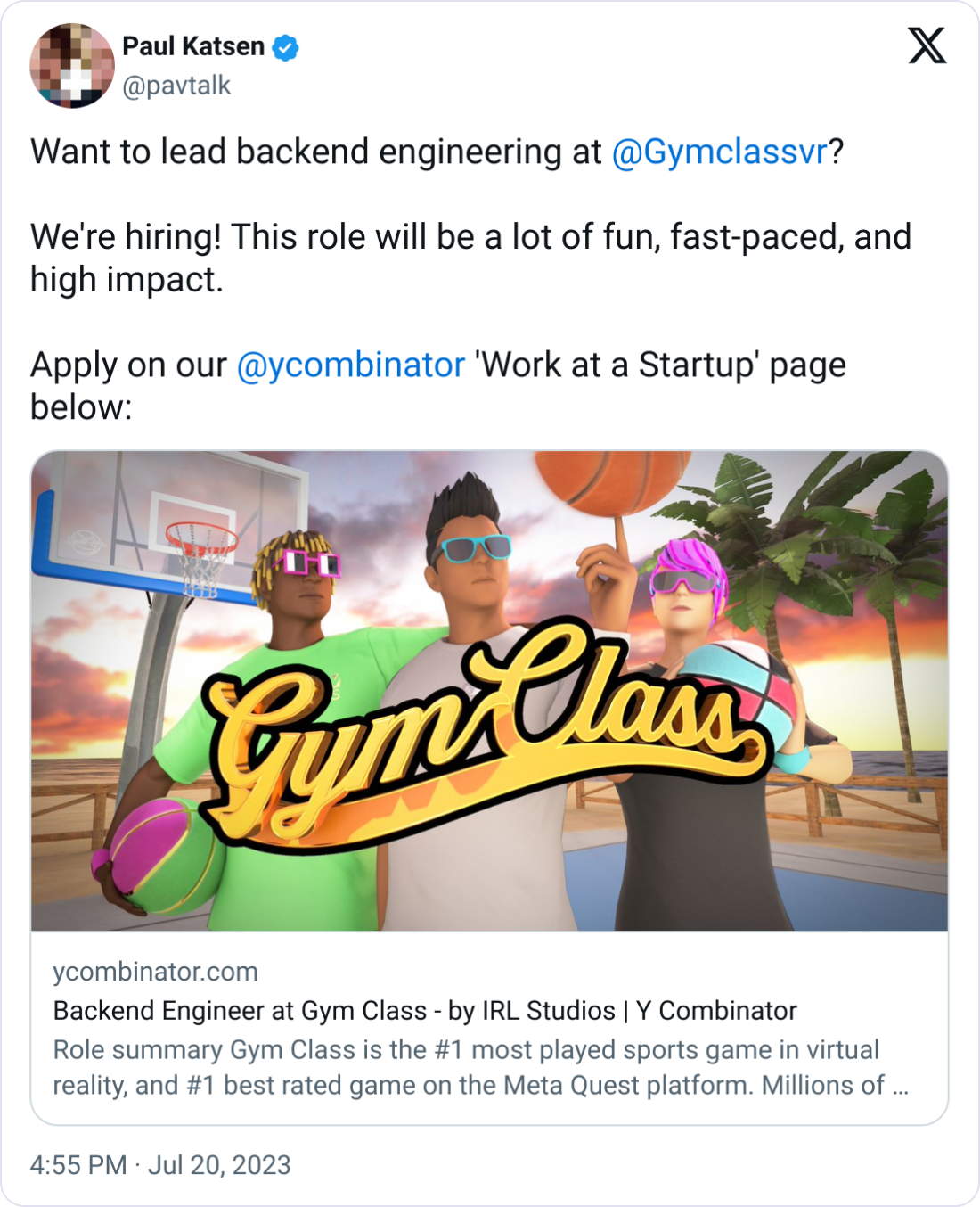  Paul Katsen @pavtalk Want to lead backend engineering at  @Gymclassvr ?  We're hiring! This role will be a lot of fun, fast-paced, and high impact.  Apply on our  @ycombinator  'Work at a Startup' page below: