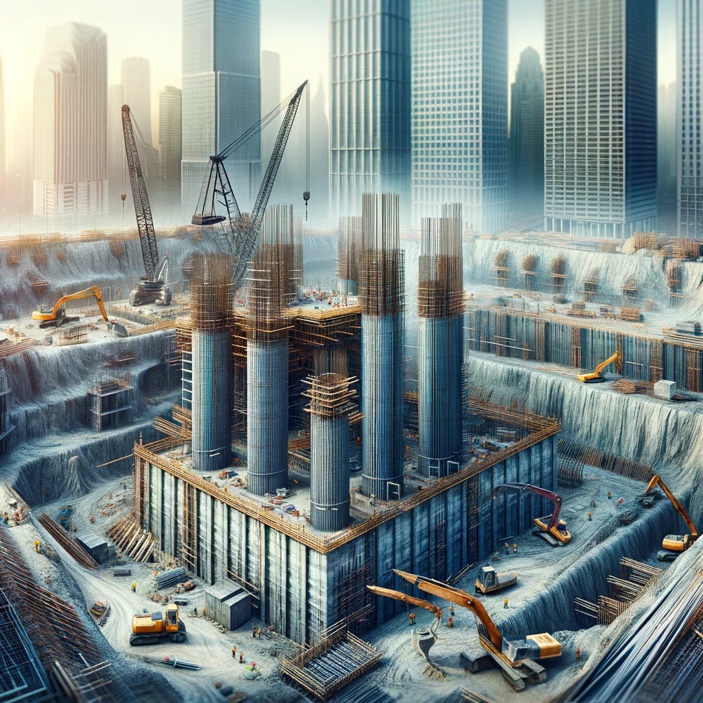 Create an image depicting the foundation being built for a large new skyscraper. The scene should include a large construction site with deep excavations and reinforced concrete pillars being erected. Construction workers should be visible, actively working with machinery like cranes and excavators. The background should show the early stages of a towering skyscraper's base, with steel beams and concrete structures. This image should convey the sense of scale and the initial phase of constructing a major urban skyscraper.