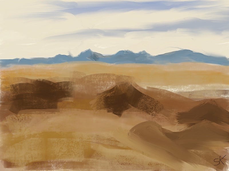 Painting by Sherry Killam Arts showing vast earthy desert terrain reaching to distand blue mountains and white cloudy sky.