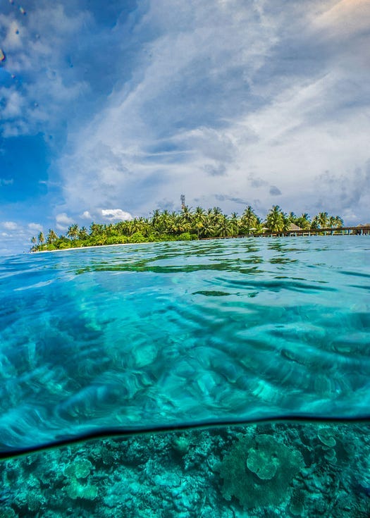 An island in a river blue, with blue skies.