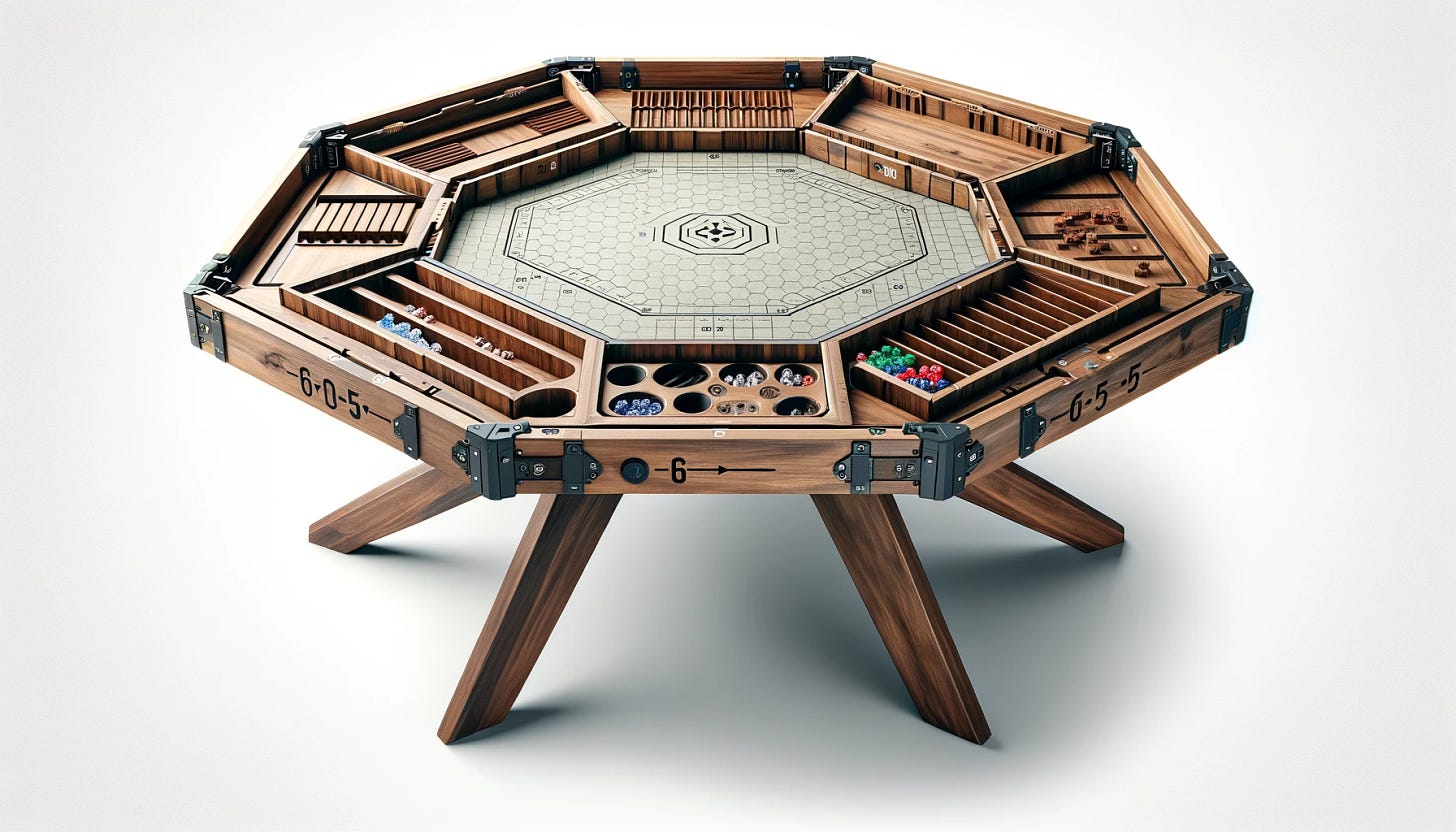 A unique gaming table combines functionality with rustic elegance. This table has a hexagonal shape that can transform into a rectangle via an innovative accessory rail system, allowing for versatile use and customization. It measures 60 inches and is supported by three sturdy legs, designed for stability and a touch of modernity. Along its perimeter, a magnetic accessory rail holds various accessories in place, including six wood cup holders with clear plastic inserts, table extension pieces to adjust its size and shape, and a dice tower for added game functionality. The design emphasizes a clean, uncluttered surface with a rustic vibe, hiding the accessory storage rails along the legs for a seamless look. The table is designed to enhance the gaming experience while serving as a beautiful piece of furniture.