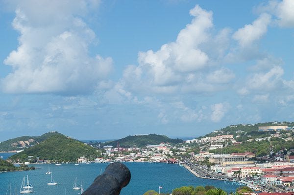 a view of Charlotte Amelie from bluebeards tower. a beautiful bay with the city and rolling hills in the background. One of the best view in St. Thomas besides Mountain Top.