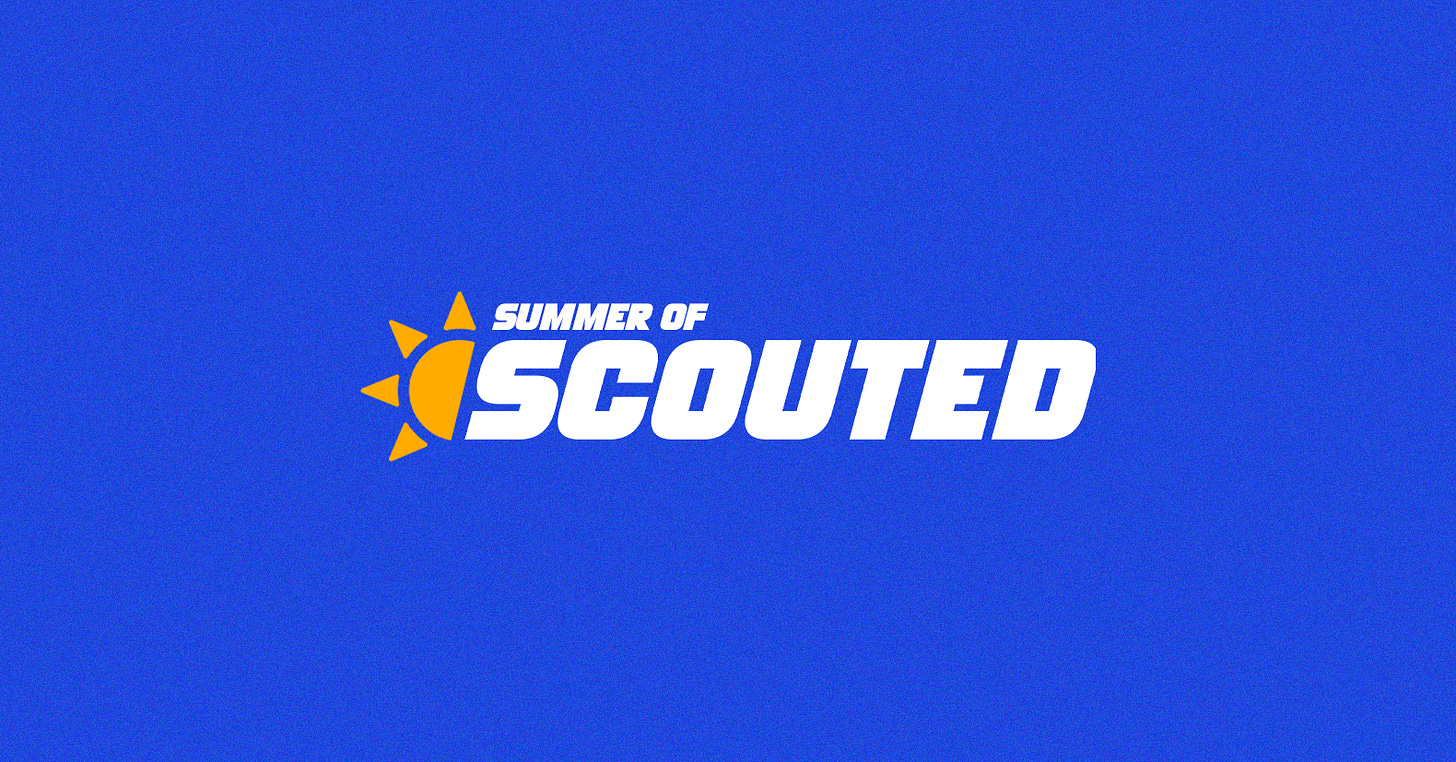 A graphic featuring 'SUMMER OF SCOUTED' in bold white text set against a rich blue background.