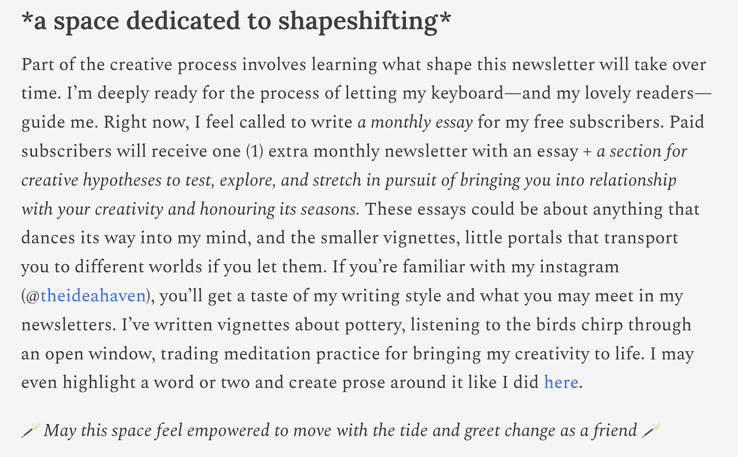 A written description about my substack being a space dedicated to shapeshifting