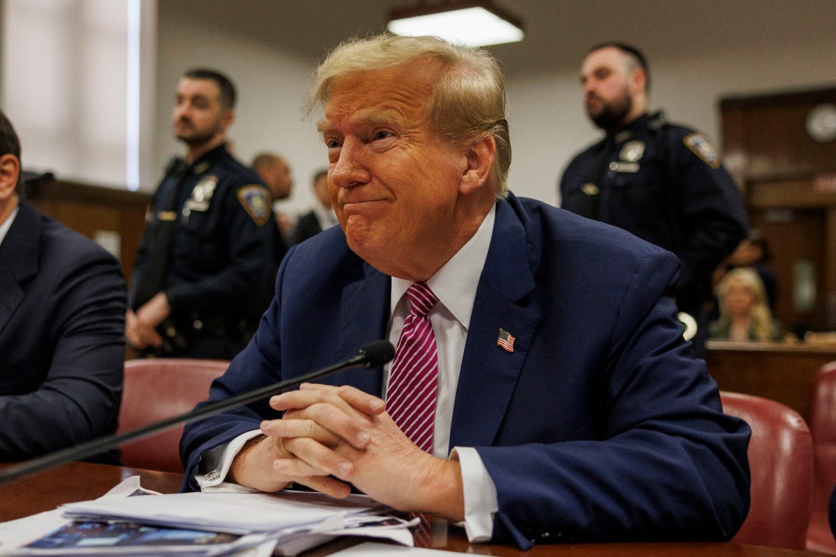 NEW YORK, NEW YORK - APRIL 19: Former U.S. President Donald Trump sits at the defendant's table at his criminal trial as jury selection continues at Manhattan Criminal Court on April 19, 2024 in New York City. Trump was charged with 34 counts of falsifying business records last year, which prosecutors say was an effort to hide a potential sex scandal, both before and after the 2016 presidential election. Trump is first former U.S. president to face trial on criminal charges. (Photo by Sarah Yenesel - Pool/Getty Images)