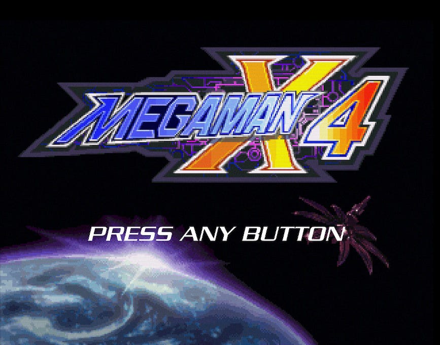 The title screen for Mega Man X4, which shows a space station floating above the surface of the Earth in the background behind the game's logo.