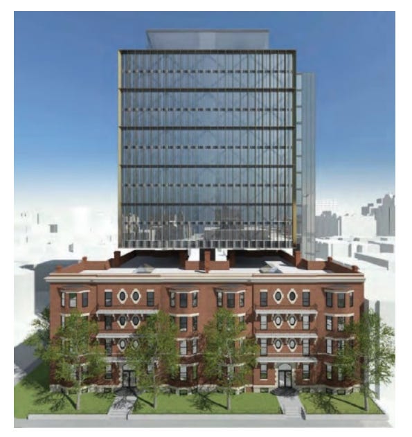 Rendering of plan for 41-45 Spadina, showing ten-storey grey glass addition atop heritage apartment building