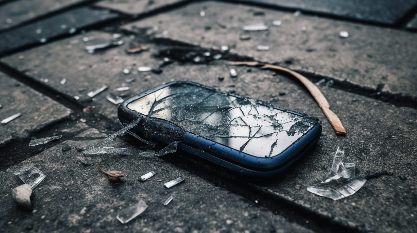 a cracked phone sits on a sidewalk surrounded by broken glass and debris