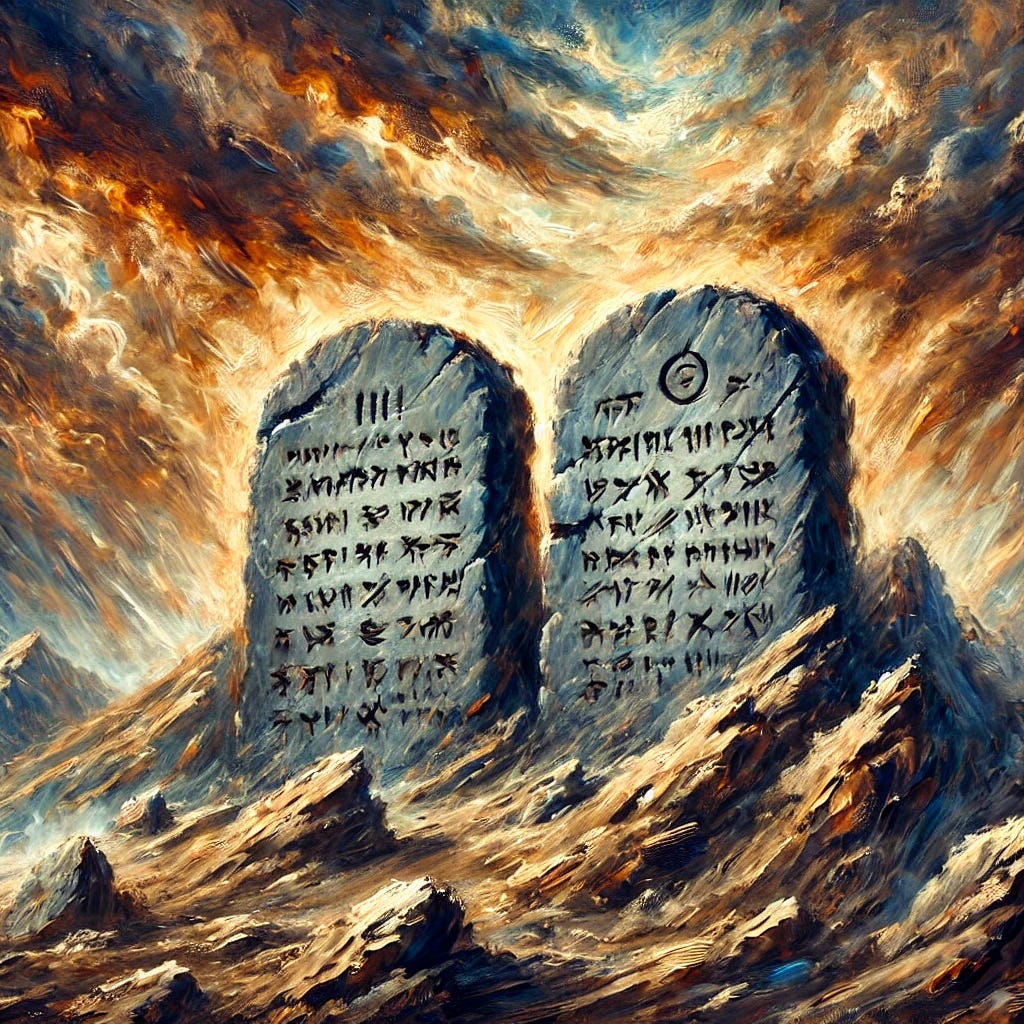 An oil painting inspired by the theme of laws and tablets, resembling the aesthetic of the Ten Commandments. The scene features two ancient stone tablets, weathered and cracked, set atop a dramatic, rocky hill under a swirling, stormy sky. Each tablet is inscribed with abstract markings and symbols representing the complexities of medical laws and ethics. The surrounding landscape is barren and rugged, with muted earth tones, while the tablets themselves glow faintly, symbolizing their significance. The painting uses expressive, bold strokes and a rich, textured style to evoke a sense of timeless gravitas. No humans or text included.