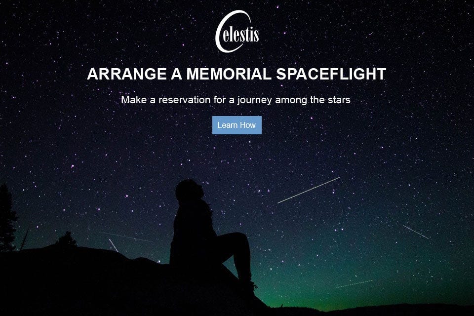 Celestis: Arrange a memorial space flight; these words are set against a starry night sky with the silhouette of a figure sitting on a rock, staring up at the sky