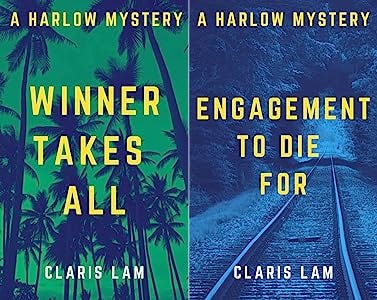 Harlow Mystery book covers, showing palm trees on the left and railroad tracks on the right.