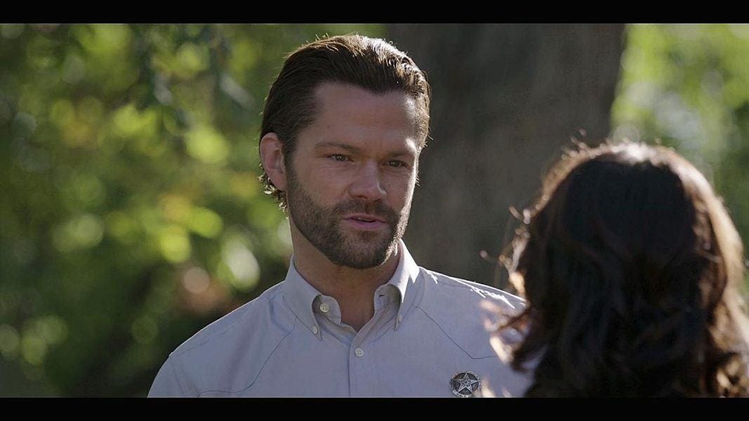 Jared Padalecki looking pissy talking to Cassie on Walker set drama.