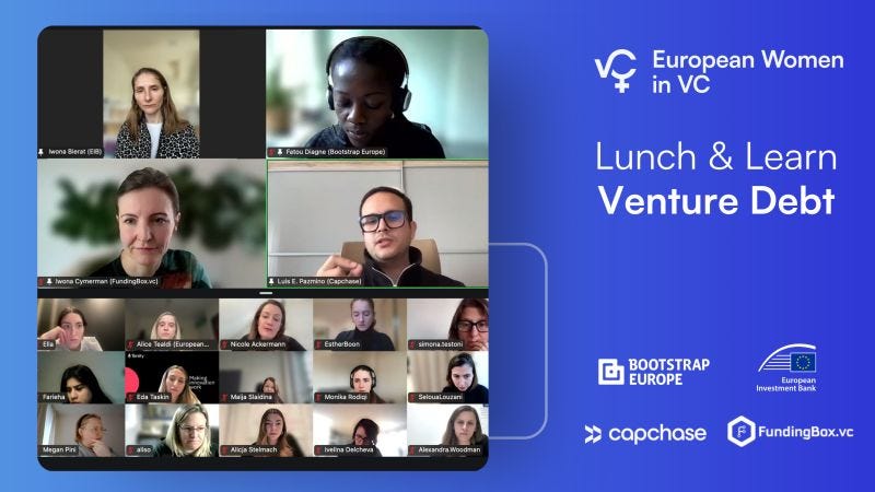 Lunch and Learn on Venture Debt, featuring speakers from Bootstrap Europe, European Investments Bank (EIB), Capchase and Funding Box