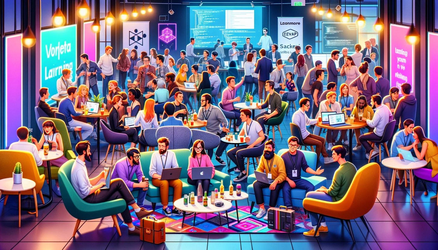 A vibrant scene at a tech meetup. The room is filled with diverse groups of people engaged in discussion. Some are clustered around laptops displaying code, others are holding drinks and talking animatedly. There are various promotional banners for tech companies in the background. The atmosphere is lively and welcoming, with modern, colorful furniture and lighting. The attendees represent a mix of genders, ages, and ethnicities, all dressed in casual business attire.