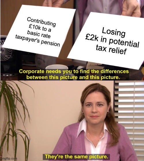 They're The Same Picture Meme | Contributing £10k to a basic rate taxpayer's pension; Losing £2k in potential tax relief | image tagged in memes,they're the same picture | made w/ Imgflip meme maker