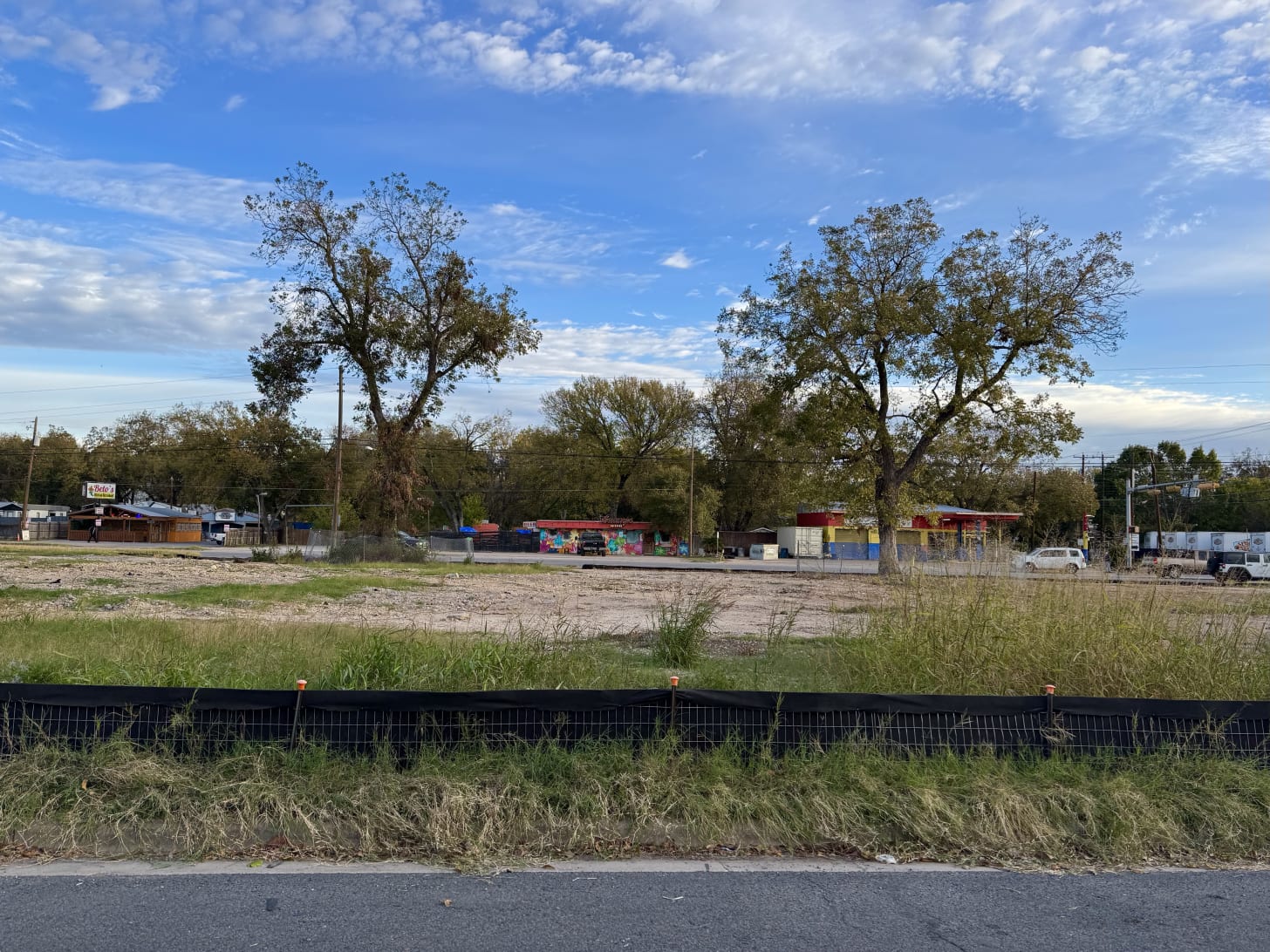 Empty lot on a busy road with two pecan trees