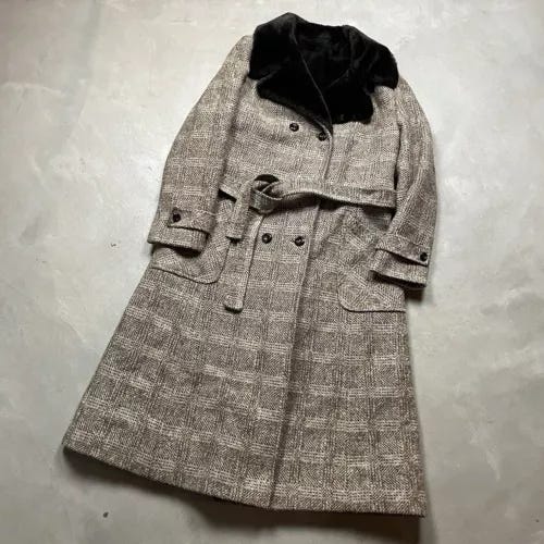 Vintage 60s Tweed Double Breasted Overcoat Pea Coat Faux Fur Collar Lined M - Picture 1 of 13