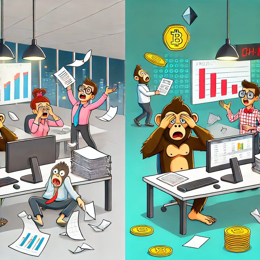 An image of a Web3 project team working in a modern office environment, with characters inspired by a fun and exaggerated cartoon style similar to 'Bored Ape'. On one side, the team is using spreadsheets and manual processes, with characters looking overwhelmed, and screens and papers cluttered. On the other side, the same team is shown using an ERP system with a more organized setup, characters now appearing relieved and productive. The scene should maintain a playful tone, with some blockchain symbols or tokens to hint at the Web3 context.