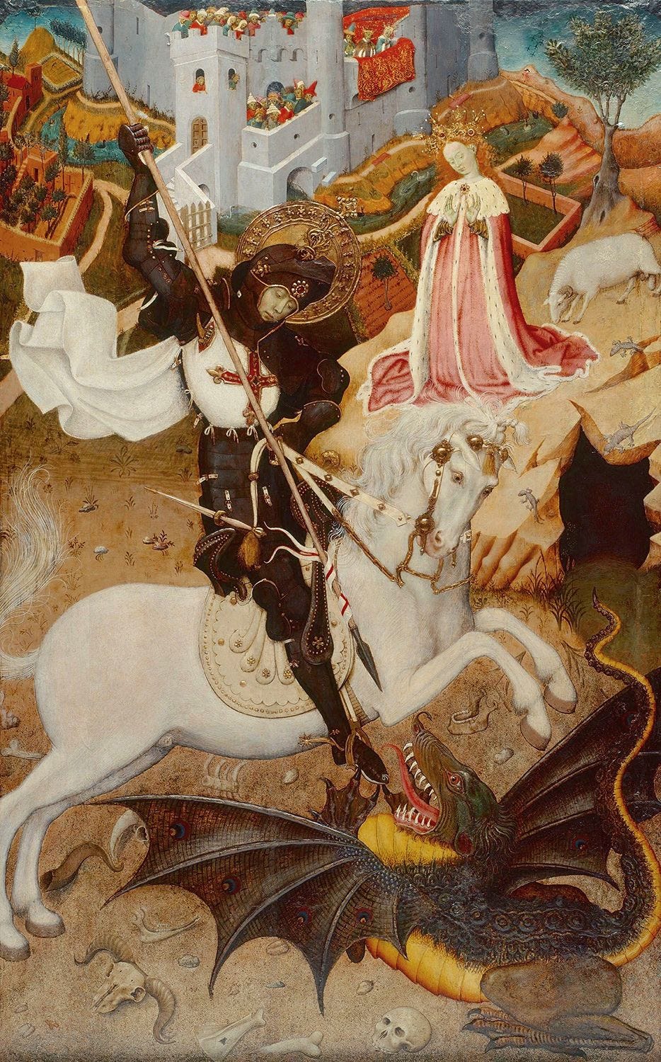 St George on a white horse, spearing a dark-coloured dragon with a yellow breast. Behind him stands a princess in a pink gown with a red and white cloak